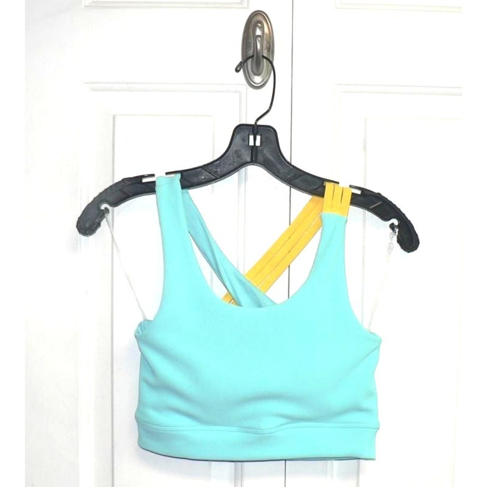 Move‎ Theology Women's Crisscross Asymmetrical Strap Sport Bra in Blue/Yellow SM